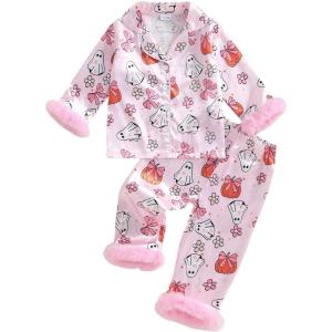 image:imageKuriozud Kids Toddler Girl Satin Pajamas Fuzzy Trim Long Sleeve Button Down Shirt Top and Pants 2pcs Pjs Sets SleepwearFloral Ghost Bow Pink