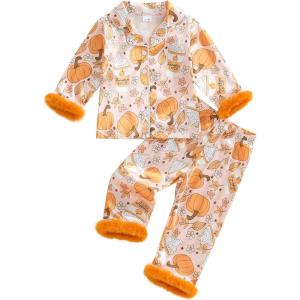 image:imageKuriozud Kids Toddler Girl Satin Pajamas Fuzzy Trim Long Sleeve Button Down Shirt Top and Pants 2pcs Pjs Sets SleepwearFloral Pumpkin Spice Orange