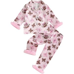 image:imageKuriozud Kids Toddler Girl Satin Pajamas Fuzzy Trim Long Sleeve Button Down Shirt Top and Pants 2pcs Pjs Sets SleepwearFootball Bow Pink