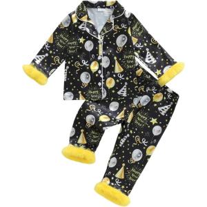 image:imageKuriozud Kids Toddler Girl Satin Pajamas Fuzzy Trim Long Sleeve Button Down Shirt Top and Pants 2pcs Pjs Sets SleepwearHappy New Year Black