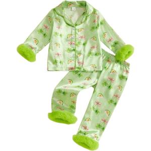 image:imageKuriozud Kids Toddler Girl Satin Pajamas Fuzzy Trim Long Sleeve Button Down Shirt Top and Pants 2pcs Pjs Sets SleepwearSt Patricks Day Rainbow Green