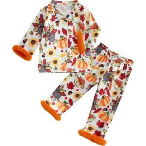 image:imageKuriozud Kids Toddler Girl Satin Pajamas Fuzzy Trim Long Sleeve Button Down Shirt Top and Pants 2pcs Pjs Sets SleepwearTurkey Pumpkin Orange