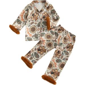 image:imageKuriozud Kids Toddler Girl Satin Pajamas Fuzzy Trim Long Sleeve Button Down Shirt Top and Pants 2pcs Pjs Sets SleepwearTurkey Sunflower Brown