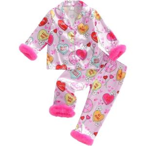image:imageKuriozud Kids Toddler Girl Satin Pajamas Fuzzy Trim Long Sleeve Button Down Shirt Top and Pants 2pcs Pjs Sets SleepwearValentines Heart Rose Red