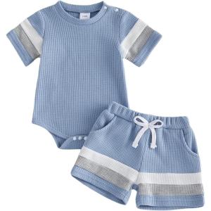 image:imageKuriozud Newborn Baby Boy Summer Clothes Button Short Sleeve Romper Bodysuit Shorts Set Infant Soft Waffle OutfitColor Block Blue