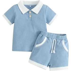 image:imageKuriozud Newborn Baby Boy Summer Clothes Button Short Sleeve Romper Bodysuit Shorts Set Infant Soft Waffle OutfitLapel Shirt Blue