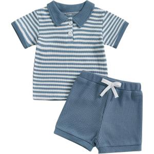 image:imageKuriozud Newborn Baby Boy Summer Clothes Button Short Sleeve Romper Bodysuit Shorts Set Infant Soft Waffle OutfitLapel Shirt Striped Blue