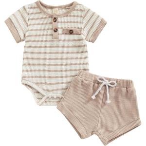 image:imageKuriozud Newborn Baby Boy Summer Clothes Button Short Sleeve Romper Bodysuit Shorts Set Infant Soft Waffle OutfitStriped Beige