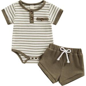 image:imageKuriozud Newborn Baby Boy Summer Clothes Button Short Sleeve Romper Bodysuit Shorts Set Infant Soft Waffle OutfitStriped Olive Green