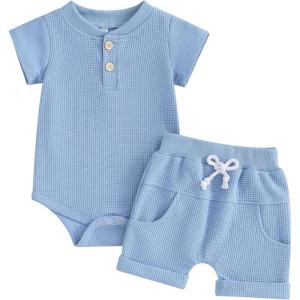image:imageKuriozud Newborn Baby Boy Summer Clothes Button Short Sleeve Romper Bodysuit Shorts Set Infant Soft Waffle OutfitWaffle Blue