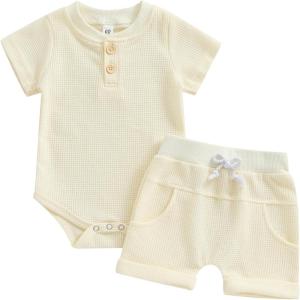image:imageKuriozud Newborn Baby Boy Summer Clothes Button Short Sleeve Romper Bodysuit Shorts Set Infant Soft Waffle OutfitWaffle Cream