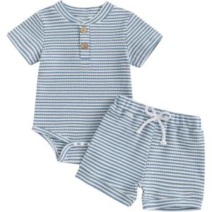 image:imageKuriozud Newborn Baby Boy Summer Clothes Button Short Sleeve Romper Bodysuit Shorts Set Infant Soft Waffle OutfitWaffle Striped Blue