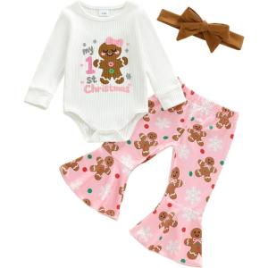 image:imageKuriozud Newborn Baby Girl Bell Bottom Outfit Ruffle Romper Cute Bow Flare Pants Set Headband Cute ClothesMy 1st Christmas Gingerbread White
