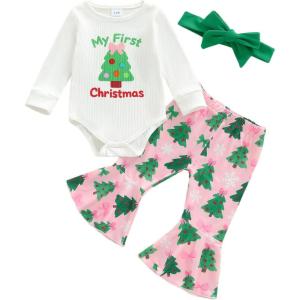 image:imageKuriozud Newborn Baby Girl Bell Bottom Outfit Ruffle Romper Cute Bow Flare Pants Set Headband Cute ClothesMy First Christmas Tree White