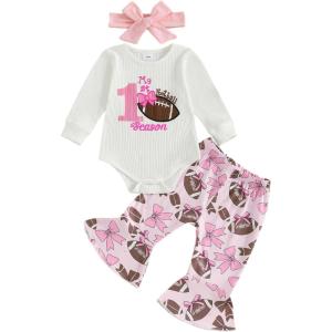 image:imageKuriozud Newborn Baby Girl Bell Bottom Outfit Ruffle Romper Cute Bow Flare Pants Set Headband Cute ClothesMy First Football Season White
