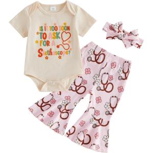image:imageKuriozud Newborn Baby Girl Bell Bottom Outfit Ruffle Romper Cute Bow Flare Pants Set Headband Cute ClothesStethoscope Beige