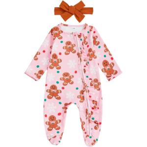 image:imageKuriozud Newborn Baby Girl Boy Footie Romper One Piece Jumpsuit Sleeper Infant ClothesGingerbread Snowflakes Pink