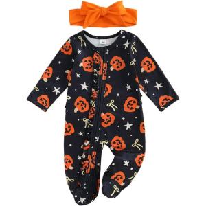 image:imageKuriozud Newborn Baby Girl Boy Footie Romper One Piece Jumpsuit Sleeper Infant ClothesPumpkin  Bow Black