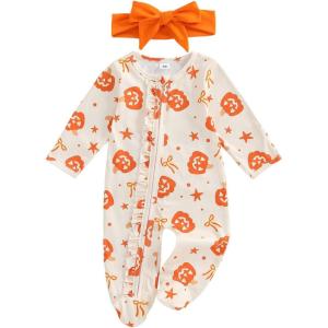 image:imageKuriozud Newborn Baby Girl Boy Footie Romper One Piece Jumpsuit Sleeper Infant ClothesPumpkin  Bow Orange