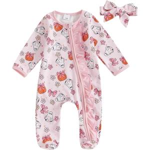 image:imageKuriozud Newborn Baby Girl Boy Footie Romper One Piece Jumpsuit Sleeper Infant ClothesPumpkin  Ghost Pink