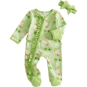 image:imageKuriozud Newborn Baby Girl Boy Footie Romper One Piece Jumpsuit Sleeper Infant ClothesRainbow Clover Green