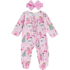 image:imageKuriozud Newborn Baby Girl Boy Footie Romper One Piece Jumpsuit Sleeper Infant ClothesSanta  Christmas Tree Pink