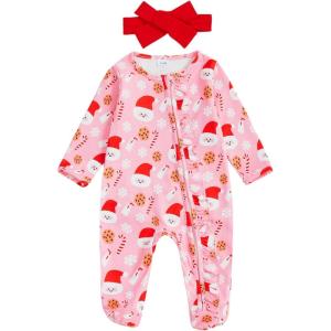 image:imageKuriozud Newborn Baby Girl Boy Footie Romper One Piece Jumpsuit Sleeper Infant ClothesSanta Milk and Cookies Pink