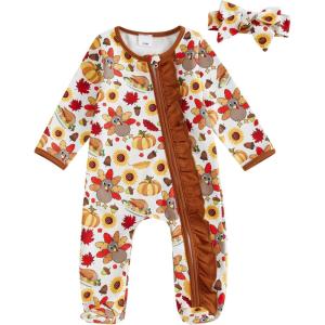 image:imageKuriozud Newborn Baby Girl Boy Footie Romper One Piece Jumpsuit Sleeper Infant ClothesTurkey  Pumpkin Brown