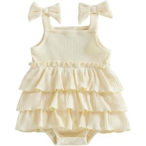 image:imageKuriozud Newborn Baby Girl Summer Clothes Ruffle Bow Dress Romper Jumpsuit One Piece Outfit Cute Infant Girl ClothingRibbed Apricot