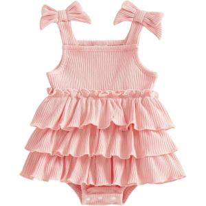 image:imageKuriozud Newborn Baby Girl Summer Clothes Ruffle Bow Dress Romper Jumpsuit One Piece Outfit Cute Infant Girl ClothingRibbed Pink