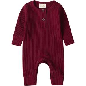 image:imageKuriozud Newborn Infant Unisex Baby Boy Girl Clothes Button Romper Jumpsuit Basic One Piece OutfitsLong Sleeve One Piece Wine Red