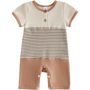 image:imageKuriozud Newborn Infant Unisex Baby Boy Girl Clothes Button Romper Jumpsuit Basic One Piece OutfitsWaffle Color Block Apricot