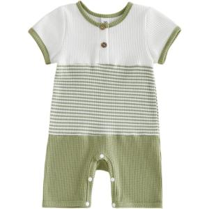 image:imageKuriozud Newborn Infant Unisex Baby Boy Girl Clothes Button Romper Jumpsuit Basic One Piece OutfitsWaffle Color Block Green