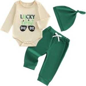 image:imageKuriozud St Patricks Day Baby Boy Outfit First St Patricks Day Romper and Shamrock Pants Set with Hat 3Pcs Spring ClothesLucky Little Dude Green