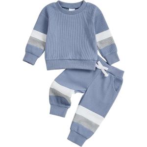 image:imageKuriozud Toddler Baby Boy Fall Winter Clothes Long Sleeve Crewneck Pullover Sweatshirt Jogger Pants Set 2 Piece OutfitWaffle Color Block Blue