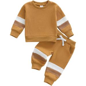 image:imageKuriozud Toddler Baby Boy Fall Winter Clothes Long Sleeve Crewneck Pullover Sweatshirt Jogger Pants Set 2 Piece OutfitWaffle Color Block Brown