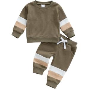 image:imageKuriozud Toddler Baby Boy Fall Winter Clothes Long Sleeve Crewneck Pullover Sweatshirt Jogger Pants Set 2 Piece OutfitWaffle Color Block Olive Green