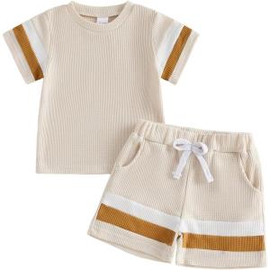 image:imageKuriozud Toddler Baby Boy Summer Outfit Short Sleeve T Shirt Shorts Set 6 12 18 24 Months 2T 3T 4T Baby Neutral ClothesWaffle Color Block Apricot