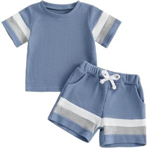 image:imageKuriozud Toddler Baby Boy Summer Outfit Short Sleeve T Shirt Shorts Set 6 12 18 24 Months 2T 3T 4T Baby Neutral ClothesWaffle Color Block Blue