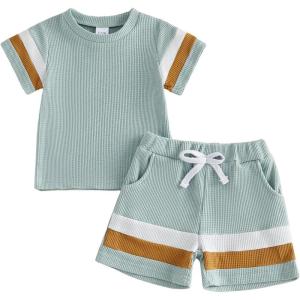 image:imageKuriozud Toddler Baby Boy Summer Outfit Short Sleeve T Shirt Shorts Set 6 12 18 24 Months 2T 3T 4T Baby Neutral ClothesWaffle Color Block Green