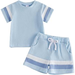 image:imageKuriozud Toddler Baby Boy Summer Outfit Short Sleeve T Shirt Shorts Set 6 12 18 24 Months 2T 3T 4T Baby Neutral ClothesWaffle Color Block Light Blue