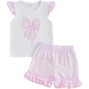 image:imageKuriozud Toddler Baby Girl Clothes Cute Bow Ruffle Shirts Top Shorts Set 2 Piece Summer OutfitsBow Pink