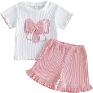 image:imageKuriozud Toddler Baby Girl Clothes Cute Bow Short Sleeve T Shirts Top Ruffle Shorts Set 2 Piece Summer OutfitsBow Love Dad White