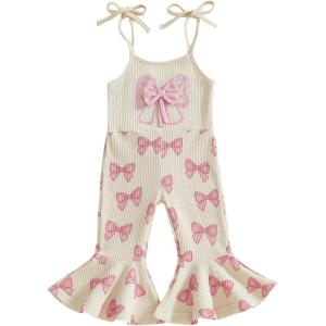 image:imageKuriozud Toddler Baby Girl Clothes Cute Sleeveless Halter Romper Spaghetti Strap Jumpsuit Summer Bell Bottom OutfitBow Love Mom Khaki