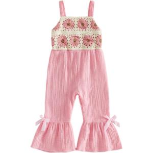 image:imageKuriozud Toddler Baby Girl Clothes Cute Sleeveless Halter Romper Spaghetti Strap Jumpsuit Summer Bell Bottom OutfitCrochet Flower Pink