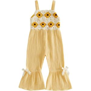 image:imageKuriozud Toddler Baby Girl Clothes Cute Sleeveless Halter Romper Spaghetti Strap Jumpsuit Summer Bell Bottom OutfitCrochet Flower Yellow