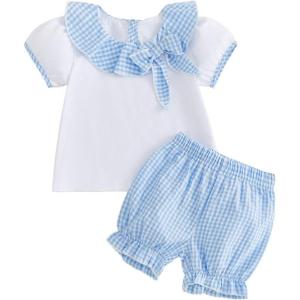 image:imageKuriozud Toddler Baby Girl Clothes Doll Collar Short Sleeve Shirts Top Ruffle Shorts Set Cute 2 Piece Summer OutfitsPlaid Bow Blue