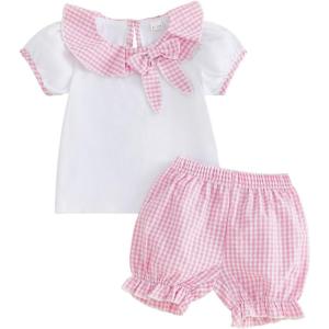 image:imageKuriozud Toddler Baby Girl Clothes Doll Collar Short Sleeve Shirts Top Ruffle Shorts Set Cute 2 Piece Summer OutfitsPlaid Bow Pink