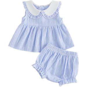image:imageKuriozud Toddler Baby Girl Clothes Doll Collar Short Sleeve Shirts Top Ruffle Shorts Set Cute 2 Piece Summer OutfitsStriped Blue