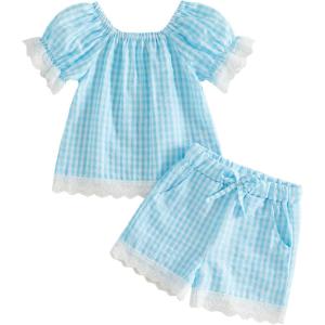 image:imageKuriozud Toddler Baby Girl Clothes Lace Short Sleeve Shirts Top Pockets Shorts Set Cute 2 Piece Summer OutfitsPlaid Blue